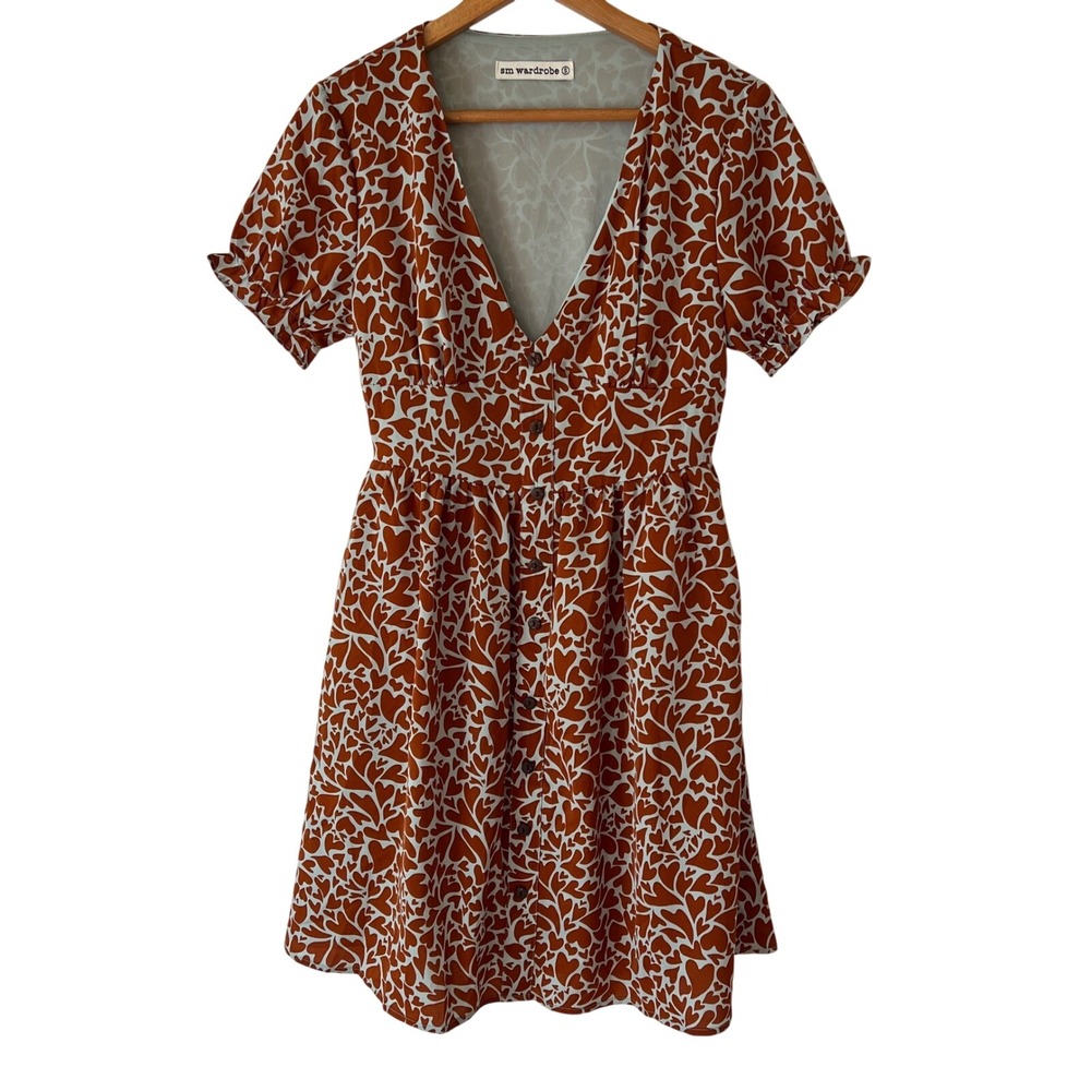 SM Wardrobe Womens Heart Print V-Neck Button Front Mini Dress Small Cottage Core
